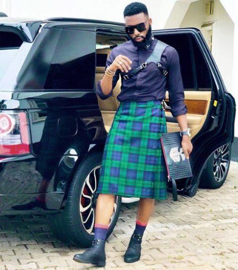 Swanky Jerry (Jeremiah Ogbodo) wearing a Scottish skirt